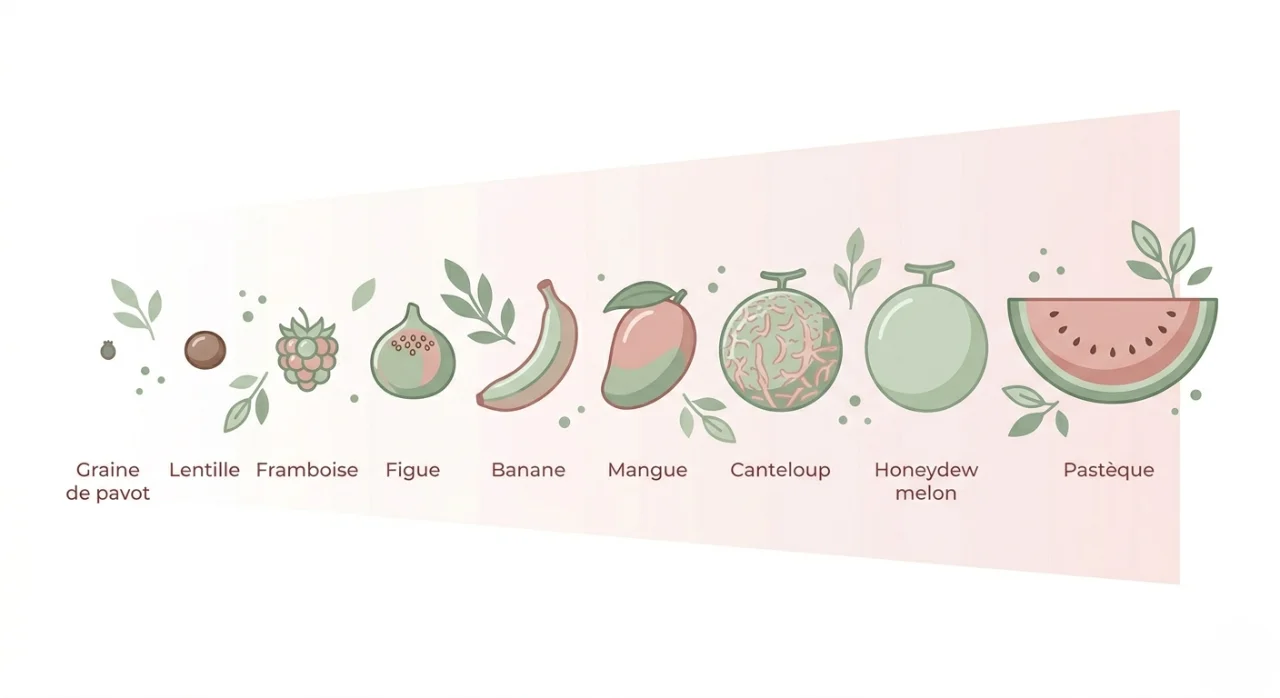 Comparaison taille bébé avec des fruits semaine par semaine