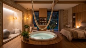 Salle nature en maternité équipée d'une baignoire de dilatation et d'une liane de suspension