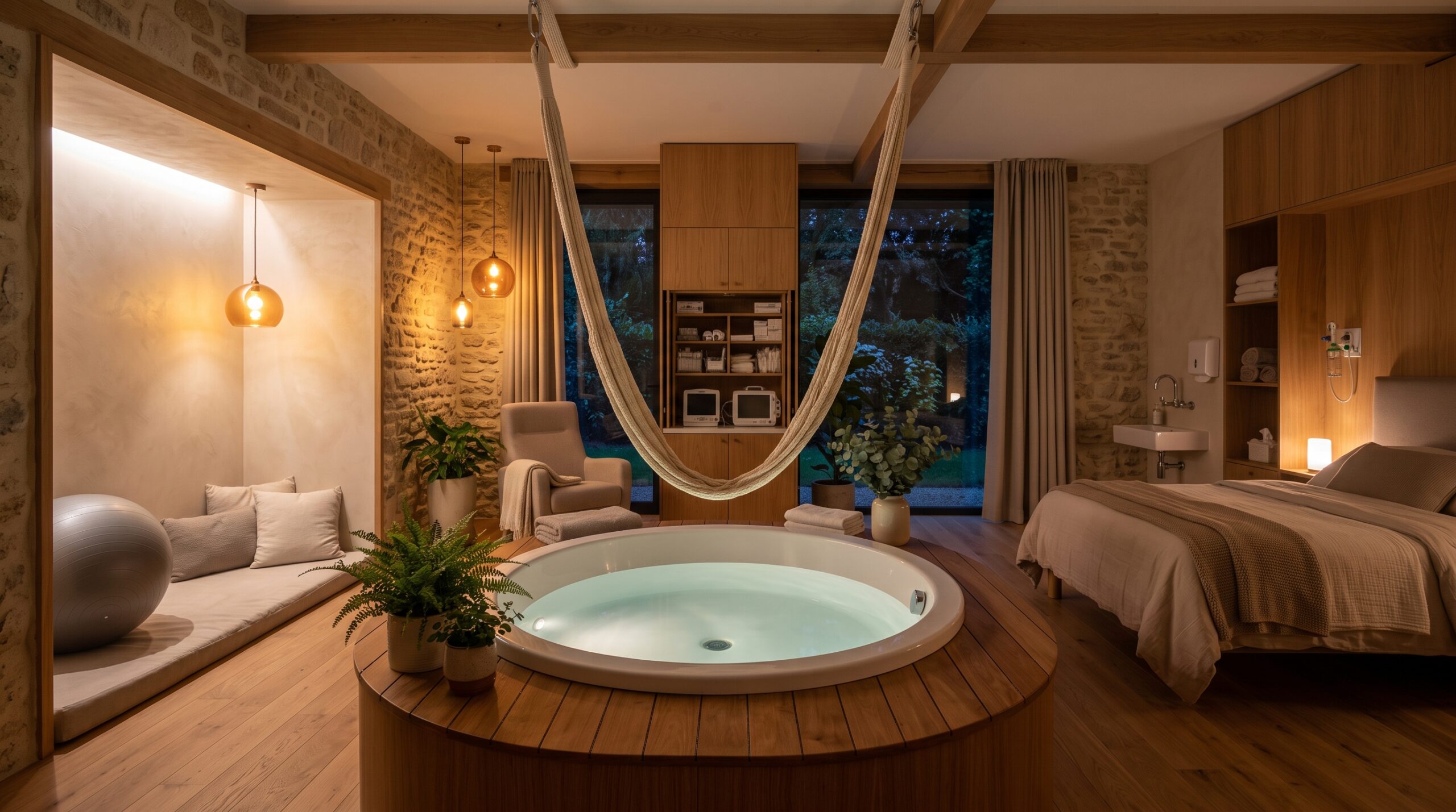 Salle nature en maternité équipée d'une baignoire de dilatation et d'une liane de suspension