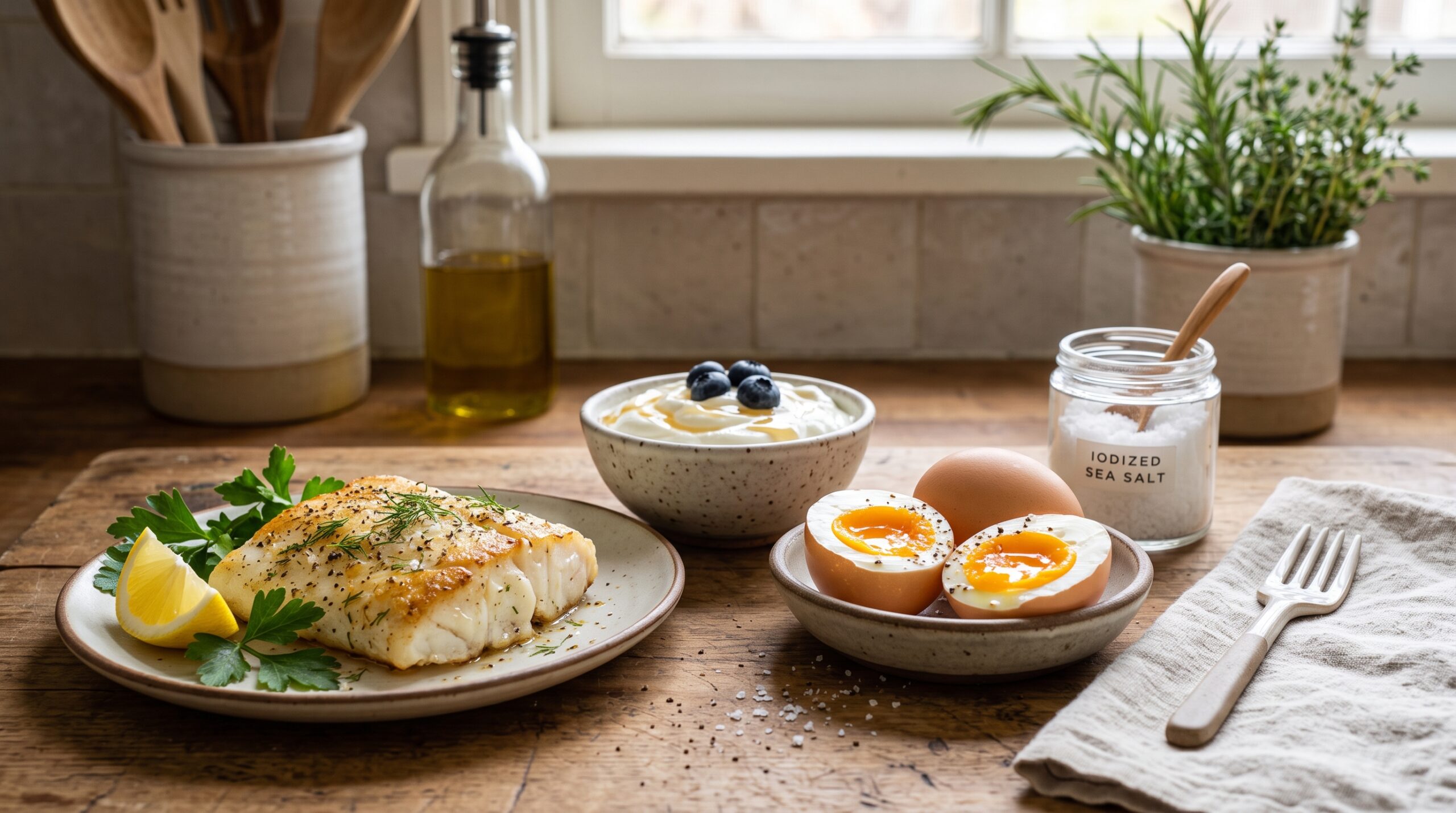 Sélection d'aliments riches en iode : poisson blanc, œufs, produits laitiers et sel marin iodé