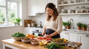 Femme enceinte préparant une assiette équilibrée riche en fer et vitamines en cuisine