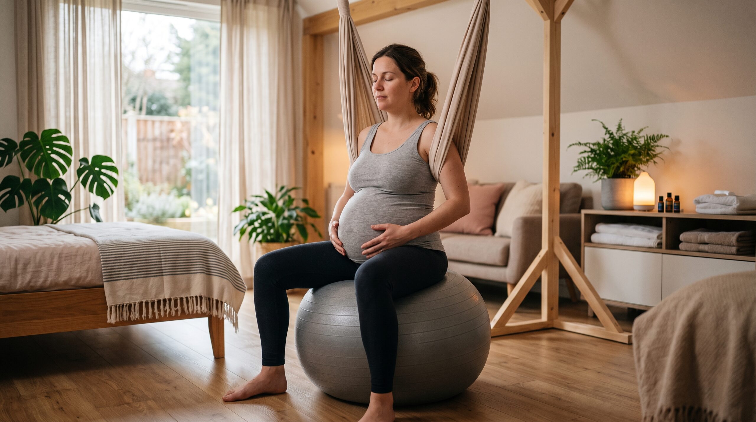 Future maman mobilisant son bassin sur un ballon de naissance en salle physiologique