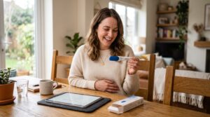 Future maman consultant avec joie l'évolution de son taux de bêta-HCG sur tablette numérique