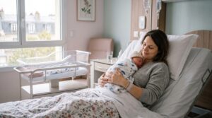 Mère en chambre de maternité tenant son nouveau-né contre elle après une césarienne