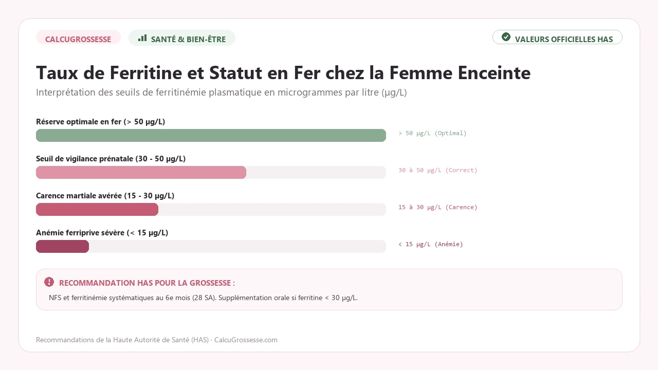 Graphique des seuils de ferritine et carence en fer pendant la grossesse