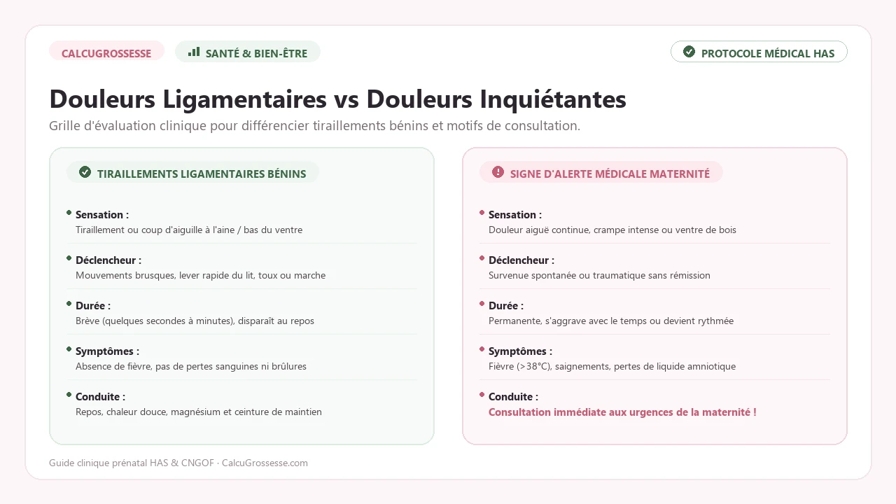 Tableau comparatif douleurs ligamentaires et alertes obstétricales