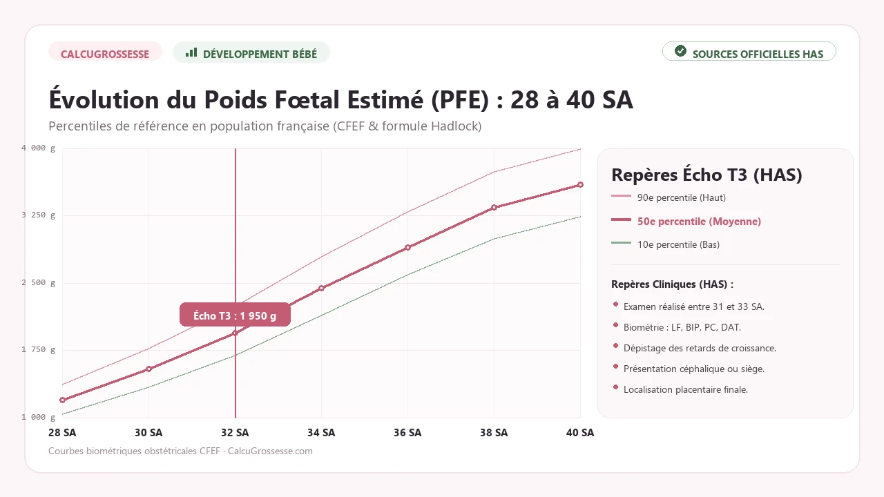 Courbe de référence du poids fœtal estimé de 28 à 40 semaines d'aménorrhée
