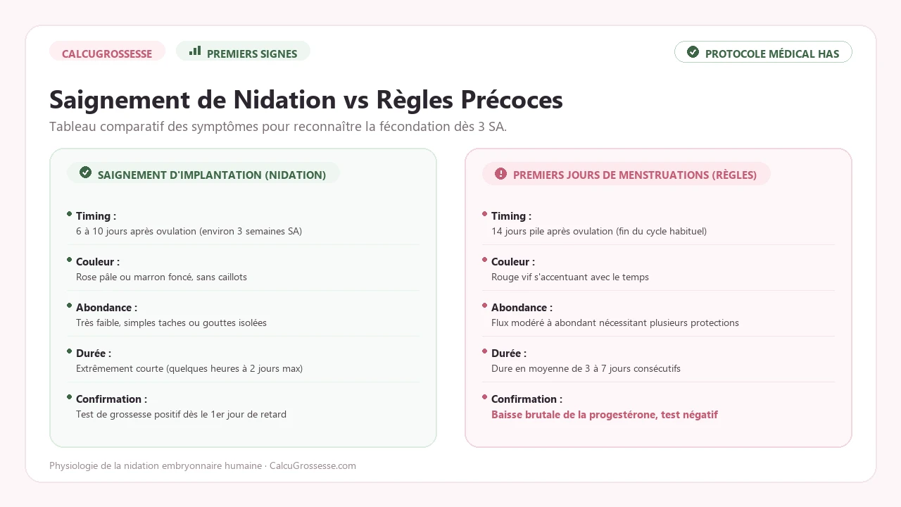 Tableau comparatif saignement d'implantation et menstruations début de grossesse