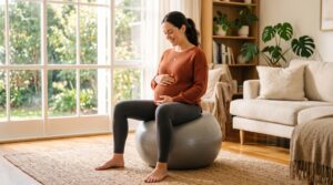 Femme enceinte assise sur un ballon de grossesse pour détendre le bassin et les ligaments