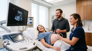 Couple observant les images 3D de leur fœtus sur l'écran lors d'une échographie obstétricale