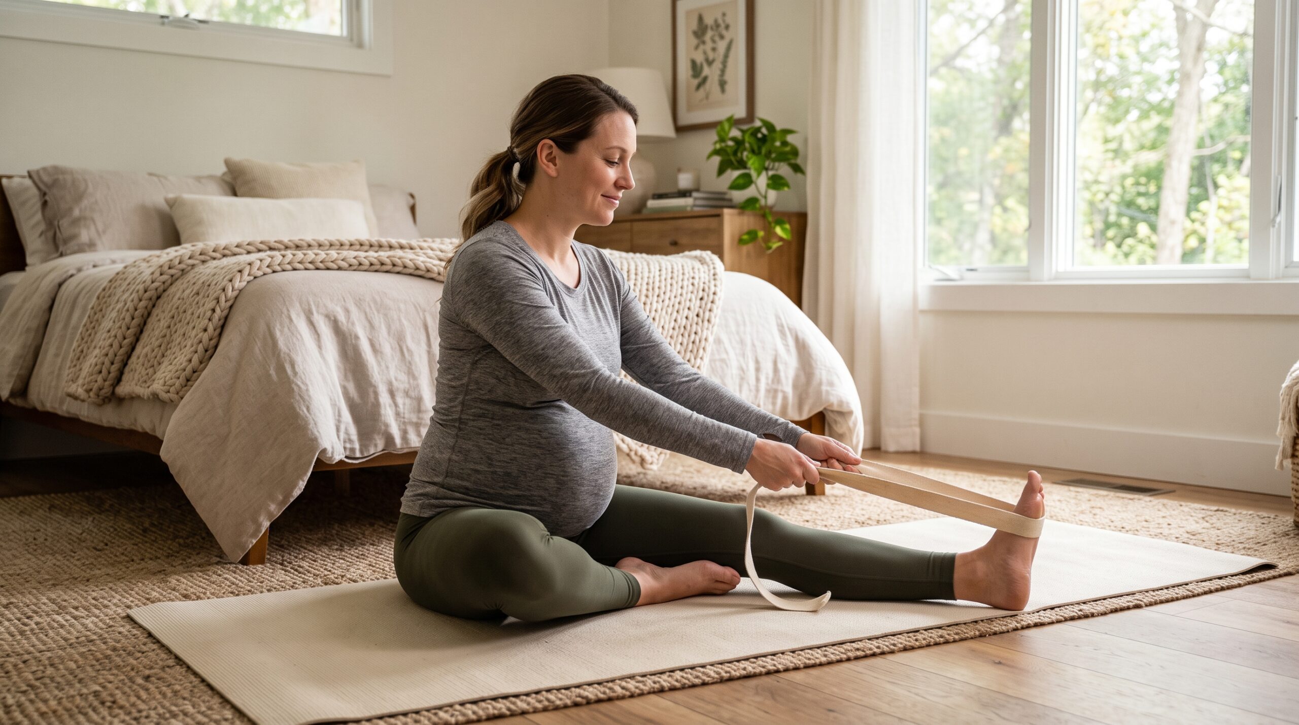 Femme enceinte pratiquant des étirements doux des mollets avant le coucher