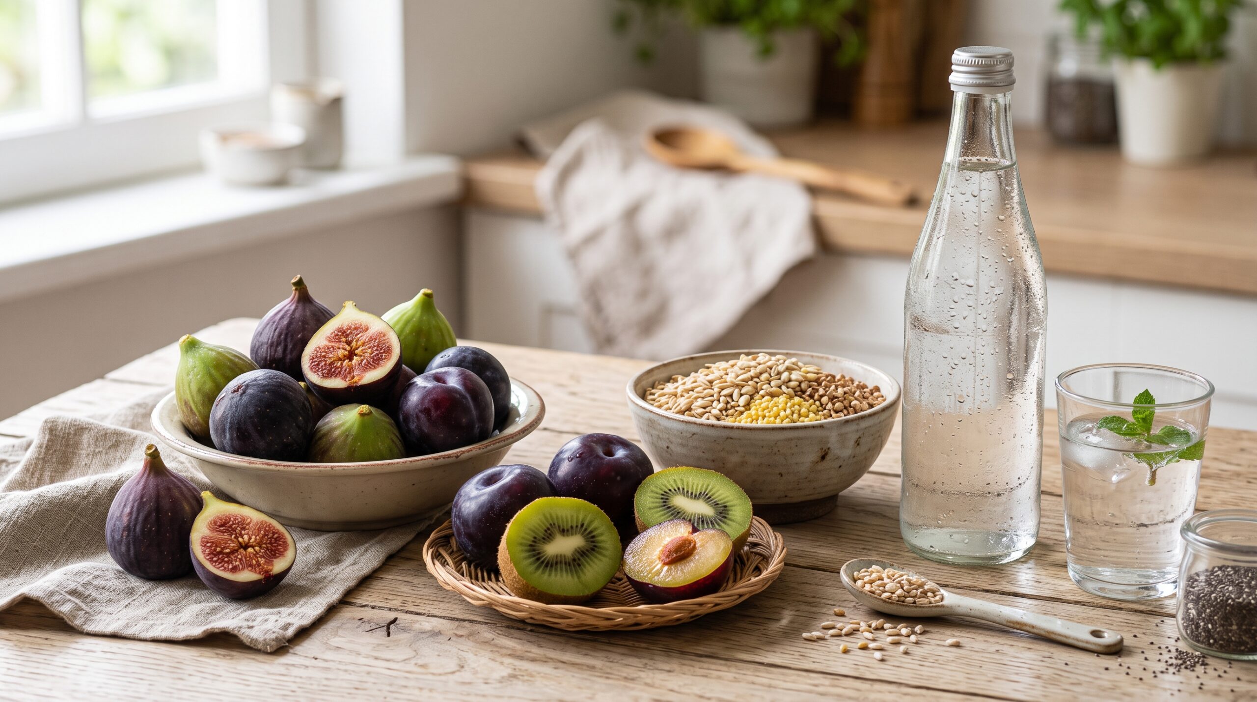 Fruits riches en fibres et eau minérale pour prévenir la constipation et les crises hémorroïdaires