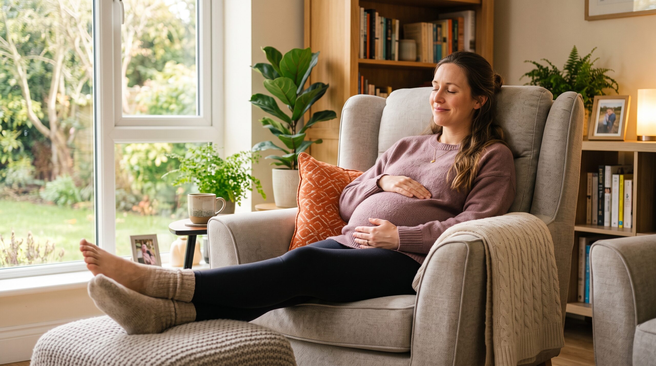 Femme enceinte assise confortablement sur un coussin ergonomique pour soulager la pression pelvienne