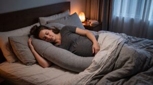 Femme enceinte endormie paisiblement sur le côté gauche avec un grand coussin de maternité