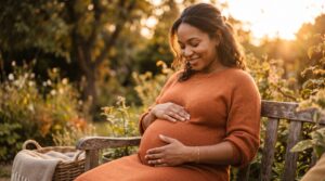 Mains d'une future maman posées avec attention sur son ventre pour compter les mouvements de bébé