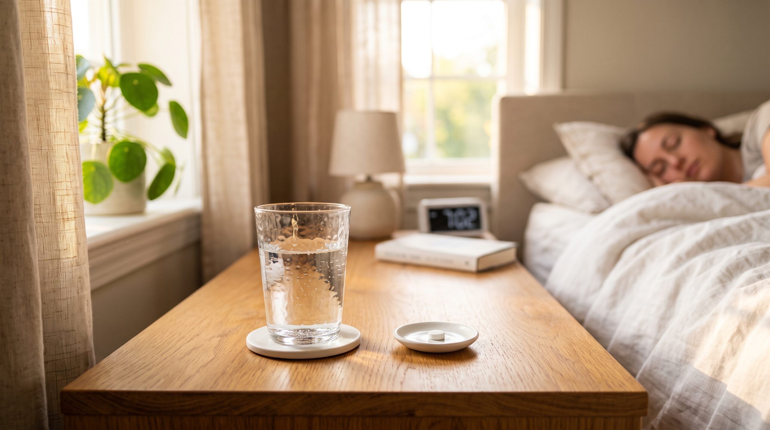 Verre d'eau et semainier avec comprimés sur une table lumineuse pour la prise matinale du Lévothyrox
