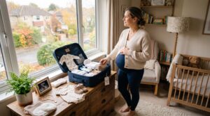 Femme enceinte au terme de sa grossesse préparant sereinement ses affaires pour la maternité