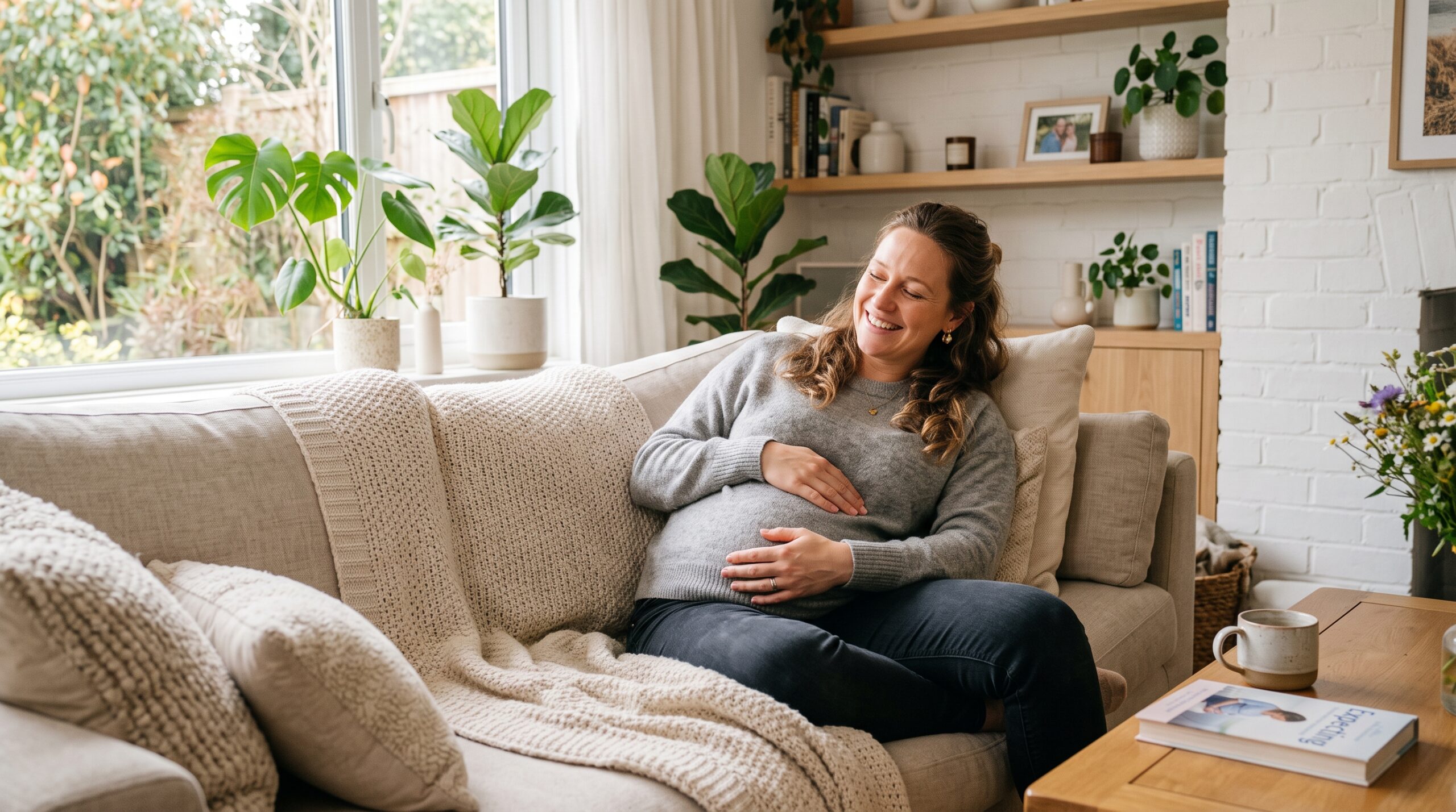 Future maman se reposant sereinement dans son salon pendant la phase de latence du travail