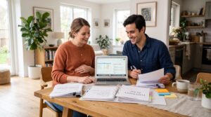 Futurs parents réunis devant un ordinateur pour préparer les démarches CAF et prime de naissance