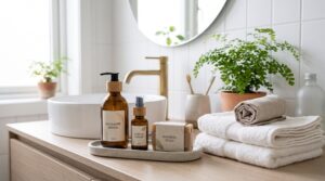 Produits d'hygiène intime douce et serviettes en coton naturel dans une salle de bain épurée