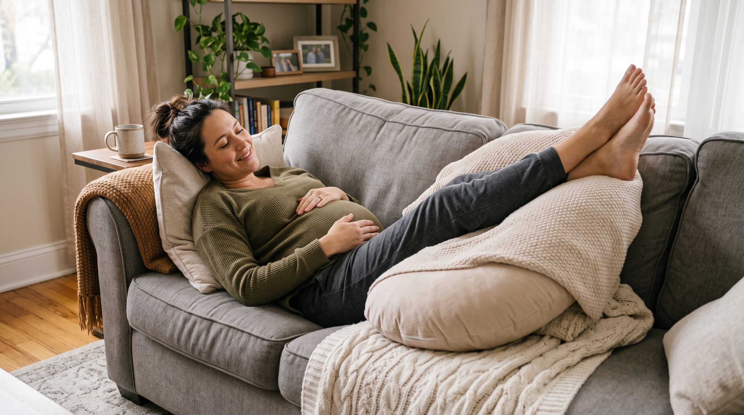 Femme enceinte reposant ses jambes surélevées avec un coussin pour soulager les gonflements