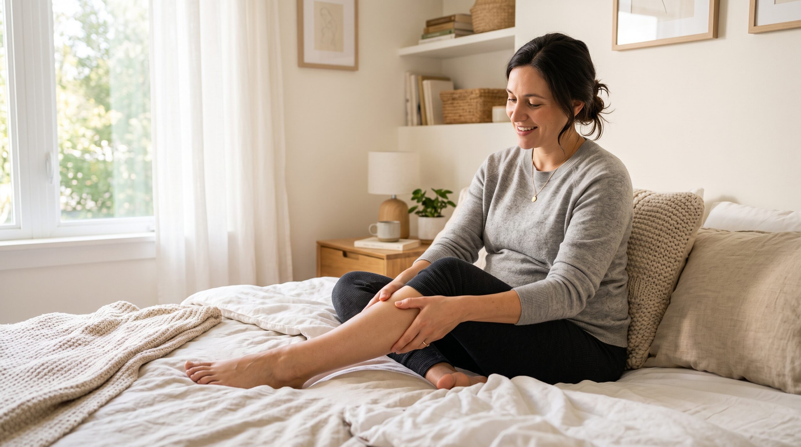 Femme enceinte soulageant ses jambes et massant son mollet sur un lit confortable