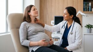 Médecin examinant la thyroïde d'une femme enceinte lors d'une consultation prénatale