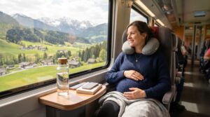 Femme enceinte voyageant sereinement en train avec coussin de repos et bouteille d'eau